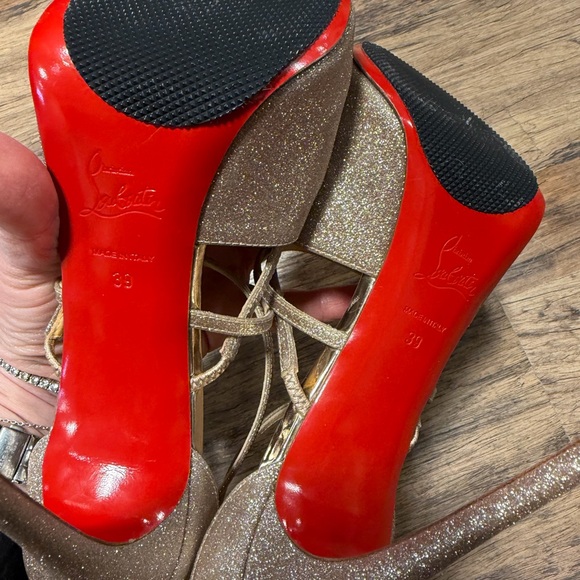Christian Louboutin Champagne Glitter Strappy Peep-Toe Heels - Picture 7 of 7
